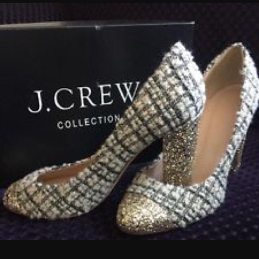 J. Crew Silver and Black Tweed Glitter Block Heel Pumps